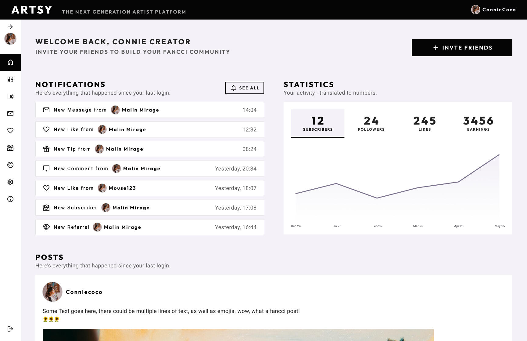 Screenshot of ARTSY dashboard design