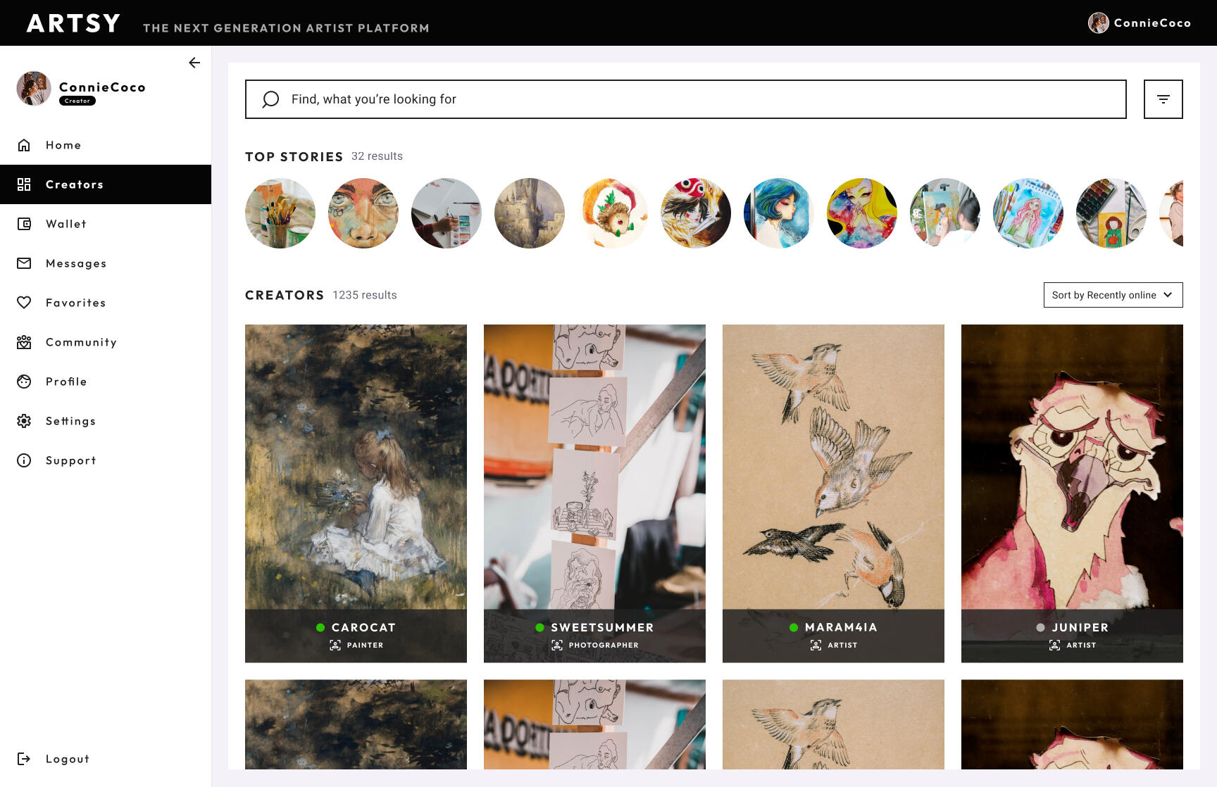 Screenshot of ARTSY creator catalog design