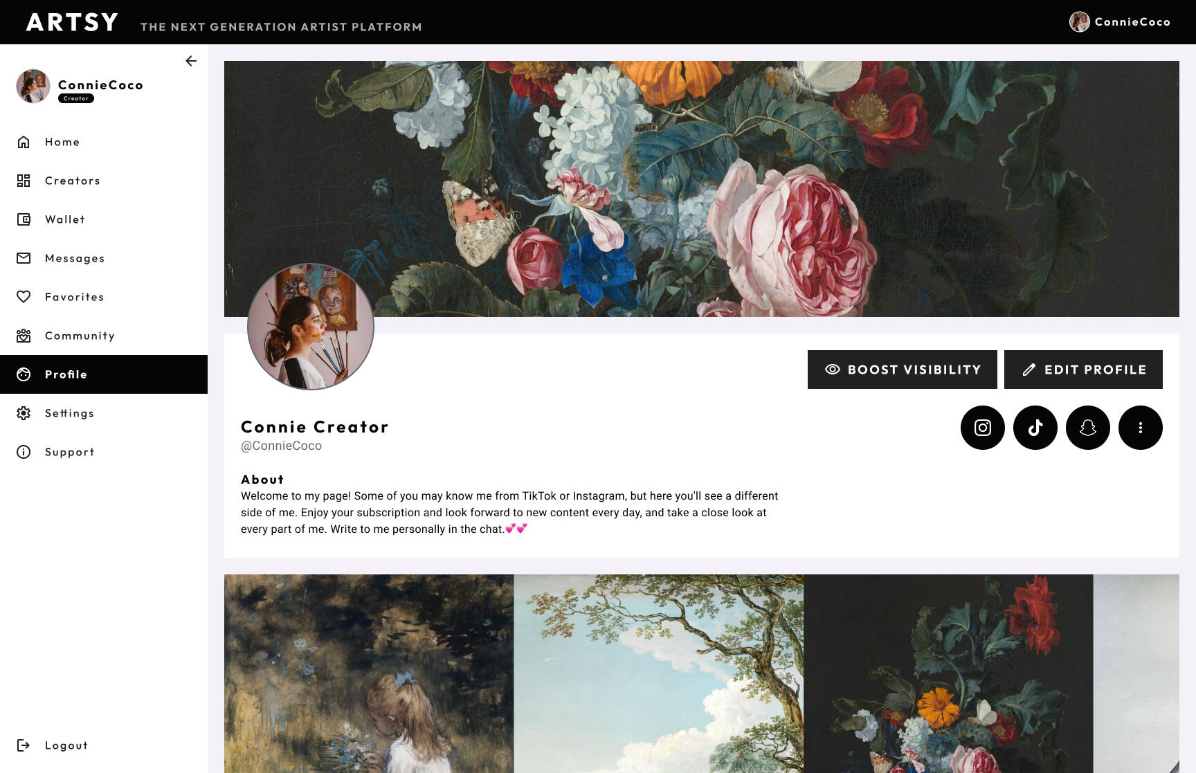 Screenshot of ARTSY creator profile design